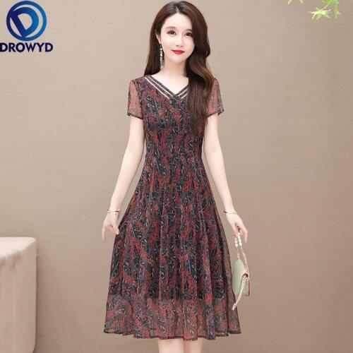 Women Vintage Printing Dress 2021 Summer Fashion Round Neck Short Sleeve A-line Party Dresses Casual Midi Vestidos Office Lady