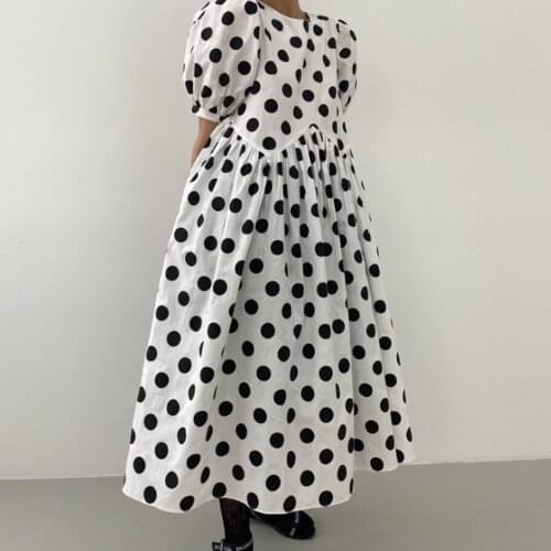 2021 summer vintage polka dot a-line dress women puff sleeve loose back hollow long dress a-line