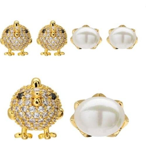 1Pair AB Style Cute chicken and egg Fashion Girl asymmetrical zircon pearl earrings Fashion and pop Stud earrings Created Pearl