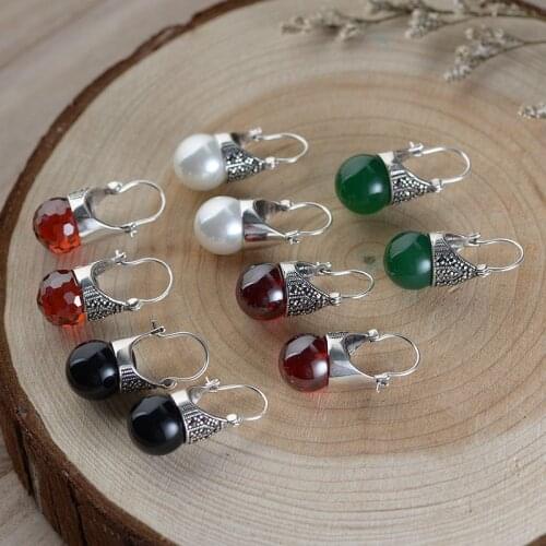 100% Real S925 sterling silver Antique craft womens inlaid bead agate red zircon Thai silver earrings