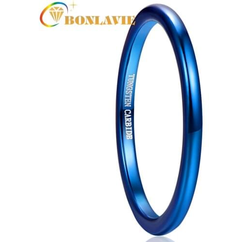 BONLAVIE 2mm Size 6-12 Blue Full Polished Tungsten Steel Ring High Quality Thin Love Wedding Bands