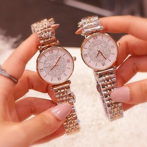 Fashion New Style Womens Star Surface Watches Full of Crystals Dial Japan Movement Steel Belt Quartz Waterproof Diamond Watch