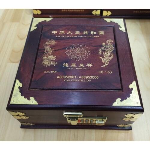 Wood Dragon&Phoenix Banknotes Box With 1000pcs Vigintillion Bills Money Collectible Box With Certification