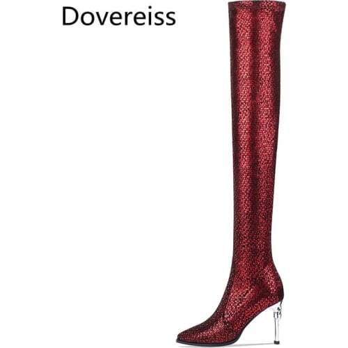 Dovereiss Fashion Womens Shoes Winter Concise New Sexy Burgundy Stilettos heels Over the knee boots Zipper 33-40