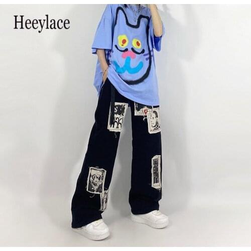 Grunge Punk Patchwork Black Jeans Women Hip Hop Streetwear Print Oversize Wide Leg Trousers 90s Vintage Fashion Pants