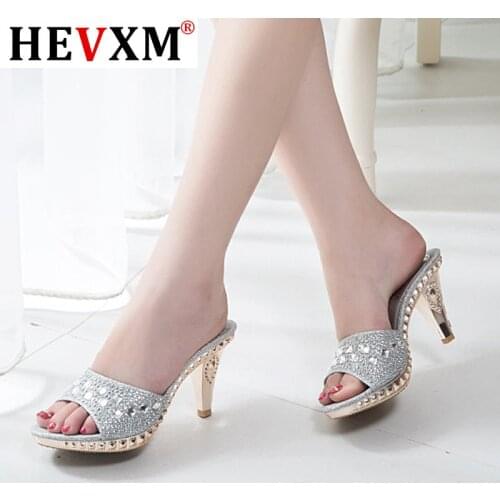 HEVXM 2020 Spike Heels Women Pumps Sexy High Heels Women Crystal Party Women Shoes Gold Open Toe Ladies Shoes