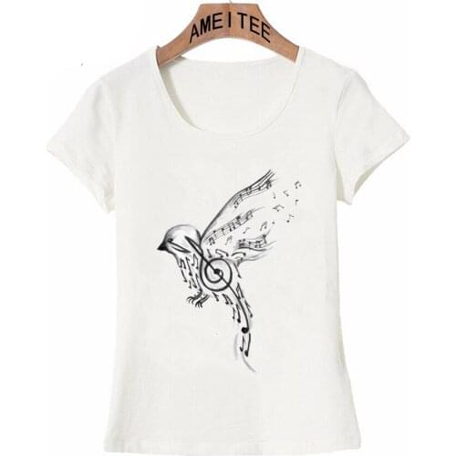 Pencil Drawing Musical Bird Painting T-Shirt Women White T-shirt Funny Art Abstract Musical Note Design Female Tops Female Tee