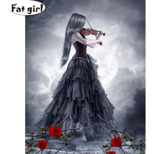 Girl Back view rose Diamond Painting full square Round Embroidery Mosaic cross stitch Pattern Rhinestone violin Woman Painting