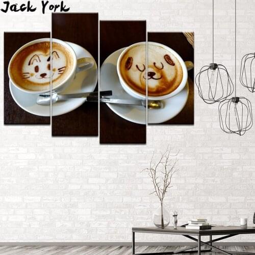 Canvas Painting cat and bear Latte coffee 4 Pieces Wall Art Painting Modular Wallpapers Poster Print for living room Home Decor