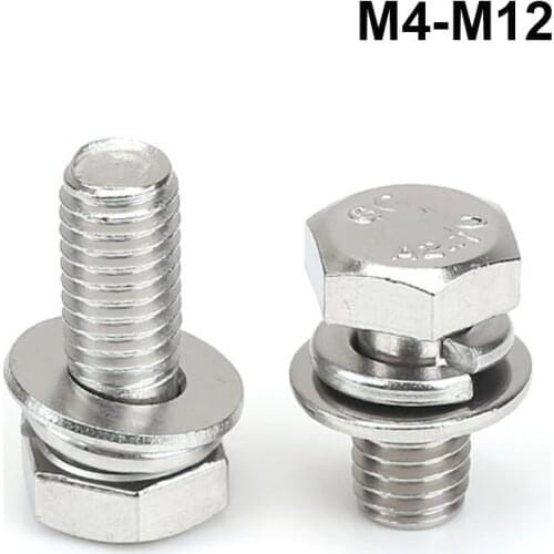 M4 M5 M6 M8 M10 M12 External Hex Trimming Three Combination Screws Outer Hexagon With Flat Washer Spring Assemble Bolt 304SS