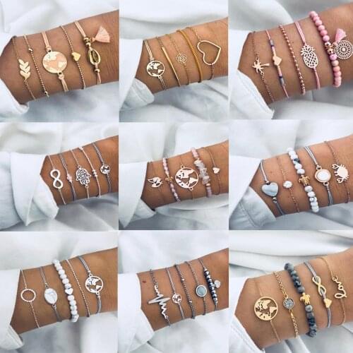 Fashion Bohemia Crystal Beads Charm Bracelets Set for Woman Golden Map Turtle Pink Cuff Chain Bracelet Female Party Jewelry Gift