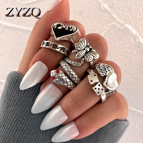 ZYZQ Vintage Silver Color Butterfly Rings Set For Women Retro Heart Chain Knuckle Rings Hip Hop Cocktail Party Wearing Jewelry