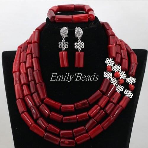 2017 Latest Red Coral Beads Jewelry Real Natural Coral Necklace Nigerian Wedding African Beads Jewelry Set Free Shipping CJ678