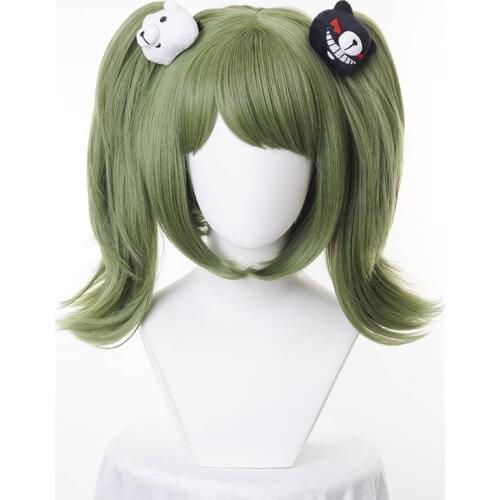 Game Danganronpa Cosplay Monaka Monaca Towa Wig Dangan Ronpa Green Heat Resistant Synthetic Hair + Bears headwear + wig cap