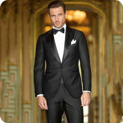 Jacket+Pants) Handsome Peak Lapel Black 2 Piece Groom Tuexdos For Wedding Formal Prom Suit Party Evening Blazer Custom Made