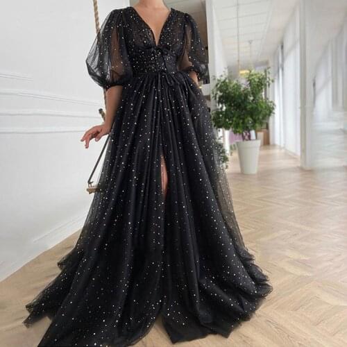 Sexy Black Starry Tulle Prom Dresses Half Puff Sleeves Wedding Party Dresses Pleats Split Long Prom Gowns Belt robes de soirée