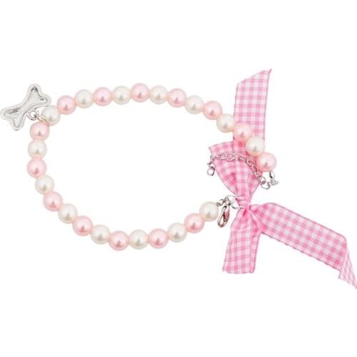 Pink Hot Sale Dog Pearls Necklace Collar Crystal Bone Pendant Pet Puppy Cat Jewelry S/M/L Pet Boutique Mini Bone Necklace