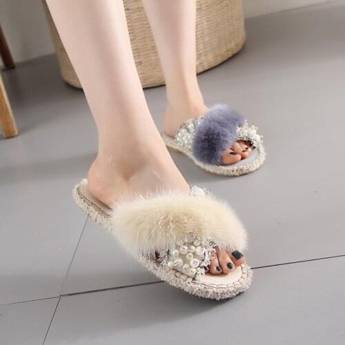 Mink Fur Slides Women Summer Double Belt Outdoor Slippers Soft Flat Sandas Ladies Flip Flops Fashion Luxury Furry Womens Shoes