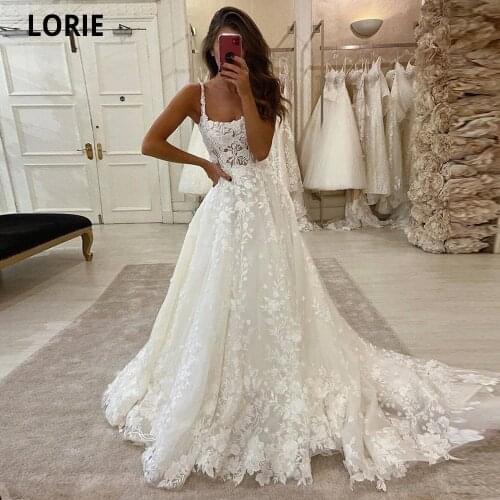 LORIE Princess Wedding Dresses Lace Appliques Beach Bridal Gowns Boat Neck Spaghetti Straps Boho Country Wedding Gown Open Back