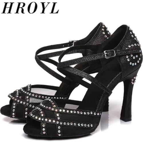 HROYL Rhinestone latin dance shoes for women/ladies soft comfortable sexy ballroom pole strip dancing shoes high heels Eu34-43