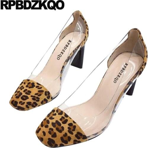 Italian block leopard print high heels shoes 3 inch pvc chunky pumps transparent clear size 4 34 beige square toe ladies suede