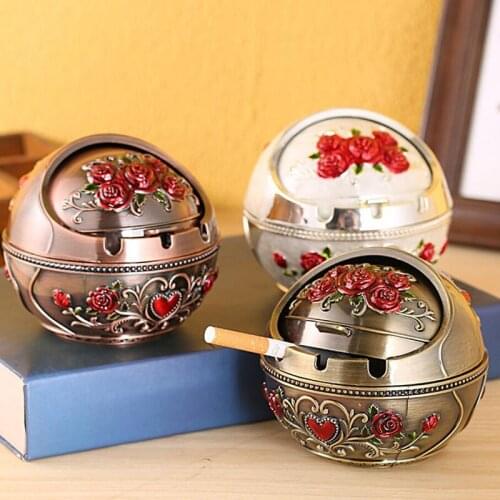Windproof Anti-fall Round Ash Tray Home Office Bar Ornament Crafts Smoking Accessories European Style Retro Rose Metal Ashtray