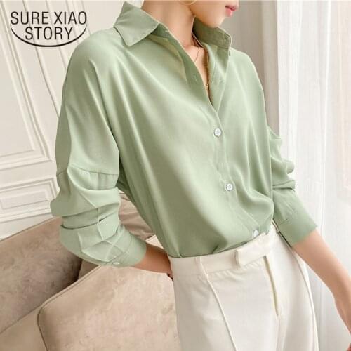Womens Blouse Fashion 2021 Solid Casual Loose Shirt Long Sleeve Elegant Casual Plus Size Lapel Women Blusas Mujer De Moda 9862