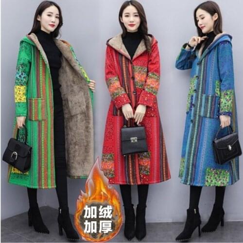 Female Jacket Plush Coat Women Windbreaker Winter Plus Size Warm Outerwear Floral Print Hooded Pockets Vintage Oversized Coats