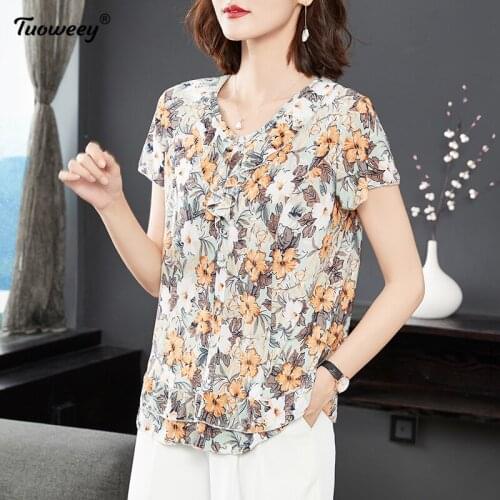 Female Flower Print Fashion Loose Plus Size 4xl Shirt 2021 New Summer Middle Aaged Women Korean Chiffon O-Neck Blouse Tops
