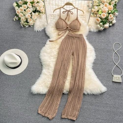 Two-Piece Suit Women Summer Seaside Holiday Suit Hollow Knit Halterneck Tube Top Hot Girl Two-Piece Vest High Waist Casual Pants