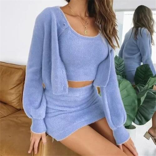 Blue Knitting Casual Two Piece Set Top And Skirt Autumn Women Set Sexy Sweater 2 Piece Set Women Outfits 2020 tracksuit women