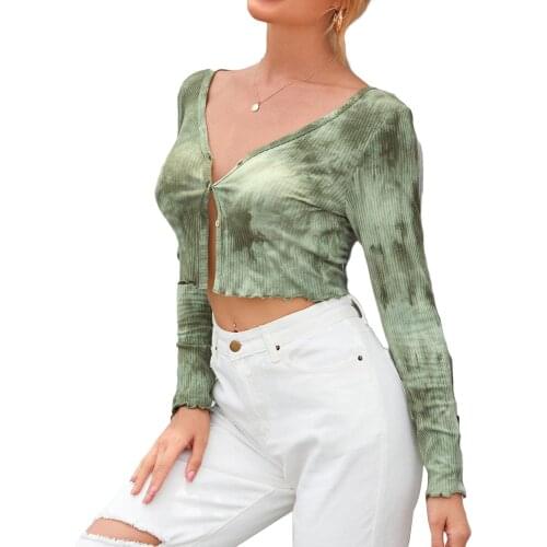 Womens Polyester Casual Rib Knit Crop Tops Long Sleeve V-Neck Tie Dye Print Button Down T-Shirts