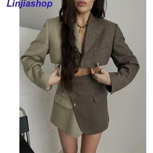 Fashion Women Vintage Patchwork Crop Blazer Mujer Notched Collar Single Button Suit Outerwear Autumn Chic Tops