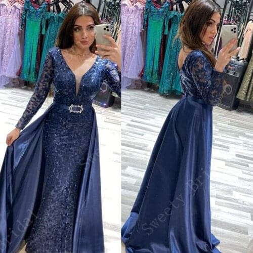 Dubai Royal Blue Lace Mermaid Muslim Evening Dresses Long Sleeves Detachable Train V Neck Saudi Arabic Formal Prom Party Dresses