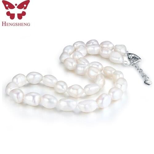 2018 Natural Pearl Jewelry Women Long Necklace,Braque Irregular Freshwater Pearl 9-10mm,Love Shape Extend Buckle,925 Silver