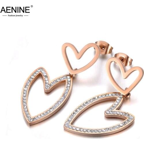 AENINE Titanium Stainless Steel Crystal Love Double Heart Earrings Bohemia Rhinestone Stud Earrings Jewelry For Women AE19248