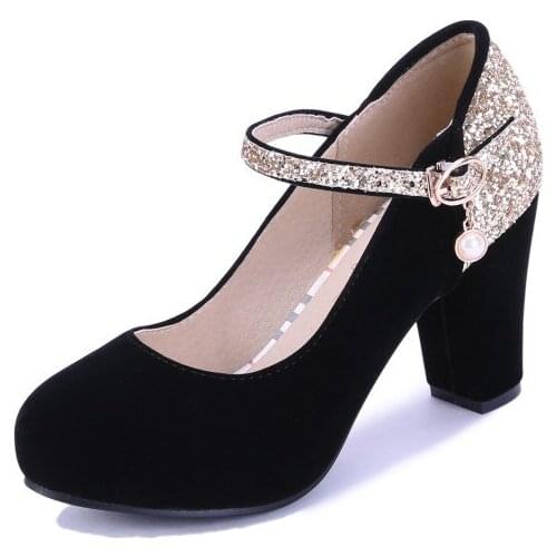 Big Size 11 12 13 ladies high heels women shoes woman pumps Suede round head, thick heel and high heel color-matching buckle