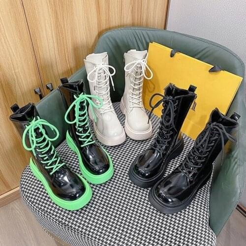 Martin Boots Womens Autumn and Winter 2021 New Patent Leather Thick-soled High Boots Big Head Fashion Knight Boots