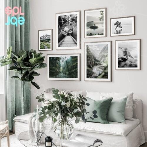 Black And White Nature Landscape Poster Green Mountain and Boat Lake Nordic Scandinavian Canvas Painting Modern Home Decoration