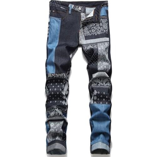KIOVNO Men Hip Hop Floral Printed Jeans Color Block Pactwhork Streetwear Denim Pants Slim Fit Trousers For Male