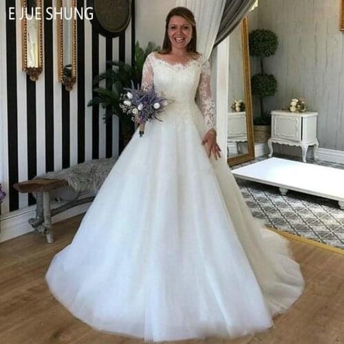 EJUE SHUNG Modern Long Sleeves Wedding Dresses V Neck Lace Up Back A Line Country Wedding Gowns Vestido De Novia Bride Dresses
