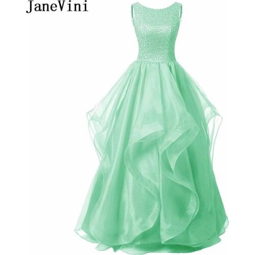 JaneVini 2021 Mint Green Tulle Prom Dresses for Women Scoop Neck Luxury Beading Backless A Line Ruffles Plus Size Evening Dress
