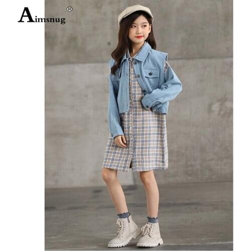 Baby Girls Open Stitch Two Pieces Set Children Long Sleeve 2PCS Outfits 2021 Autumn Kids Casual Short Demin Jackets Plaid Dress
