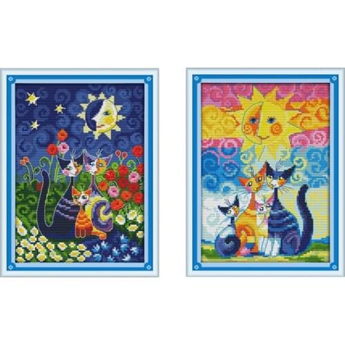 Cats and The Sun Counted Cross Stitch DMC color DIY 11CT 14CT 18CT cotton multi picture Handmade Embroidery Needlework plus