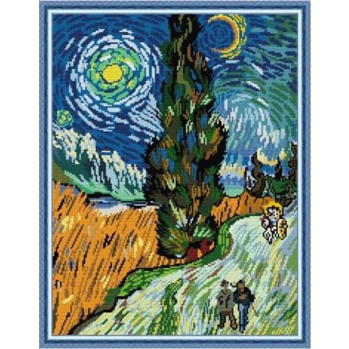 Cross-Stitch Kit Road with Cypress Printed Patterns 11CT 14CT Needlework Embroidery Stamped Crafts Home DIY Decorative Gifts Set