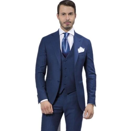 Mens suit Blue Groom Tuxedos 2 Buttons Groomsman men suits Suits Wedding Custom Made Man Suit (Jacket+pants+vest+tie)