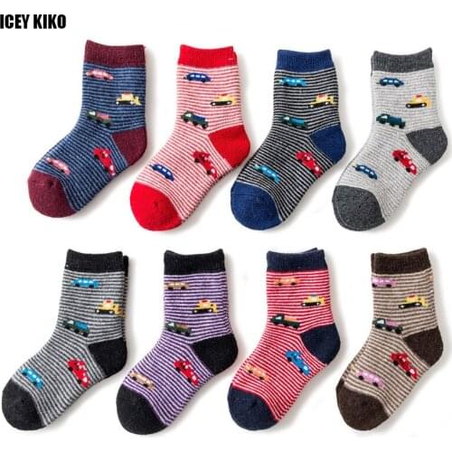 2020 New Kids Thick Winter Wool Socks Children Striped Car Cartoon Warm Socks Terry Inside Jacquard Weave Socks For Girls Boys