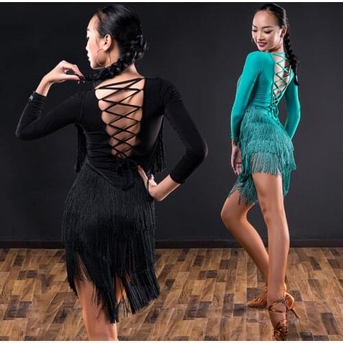 2019 New Latin Dance Dress Female Long Sleeve Dance Competition Clothes WomenS Sexy Tassel Dresses Ballroom Clothing DWY2437