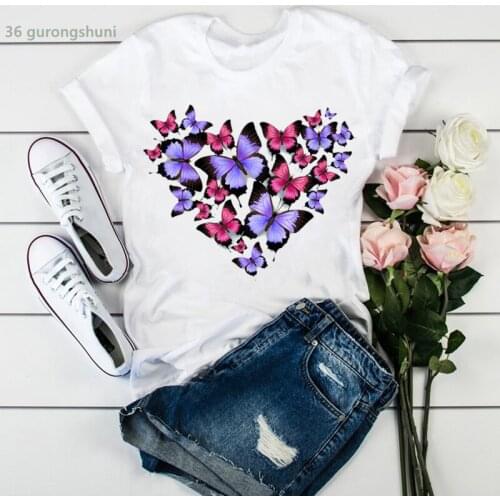 New arrival 2021 womens t-shirt heart-shaped butterfly print t shirt femme Korean style clothes Vintage tshirt casual girl tees