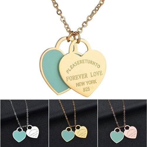 3pcs Stainless Steel Double Heart Pendant Necklace FOREVER LOVE Message Heart Charm Enamel Necklace For Lady Girls Fine Jewelry